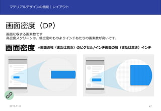 2015-11-10 47
マテリアルデザインの機能｜レイアウト
画⾯密度（DP）
画⾯に収まる画素数です
⾼密度スクリーンは、低密度のものよりインチあたりの画素数が⾼いです。
画⾯密度 =画⾯の幅（または⾼さ）のピクセル/インチ画⾯の幅（または⾼さ）インチ
 