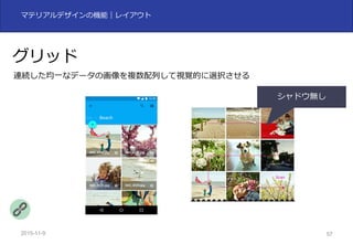 2015-11-10 57
マテリアルデザインの機能｜レイアウト
グリッド
連続した均⼀なデータの画像を複数配列して視覚的に選択させる
シャドウ無し
 