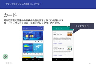2015-11-10 58
マテリアルデザインの機能｜レイアウト
カード
異なる要素で関連のある構成内容を表⽰するのに使⽤します。
カードコレクションは同⼀平⾯上でレイアウトされます。
シャドウ有り
 