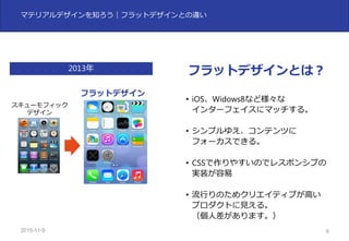 2015-11-10 9
マテリアルデザインを知ろう｜フラットデザインとの違い
スキューモフィック
デザイン
フラットデザイン
• iOS、Widows8など様々な
インターフェイスにマッチする。
• シンプルゆえ、コンテンツに
フォーカスできる。
• CSSで作りやすいのでレスポンシブの
実装が容易
• 流⾏りのためクリエイティブが⾼い
プロダクトに⾒える。
（個⼈差があります。）
2013年 フラットデザインとは？
 