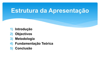 1) Introdução
2) Objectivos
3) Metodologia
4) Fundamentação Teórica
5) Conclusão
Estrutura da Apresentação
 