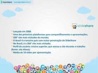 * Lançado em 2006
* Uma das primeiras plataformas para compartilhamento e apresentações;
* 289° site mais visitados do mundo;
* O Brasil é o terceiro país com maior penetração do SlideShare
* No Brasil, é o 266° site mais visitado;
* Perfil do usuário: ensino superior, que acessa o site durante o trabalho
(fonte: site Alexa);
* Média de 19 slides por apresentação.
 