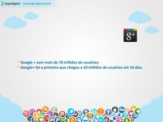 * Google + com mais de 70 milhões de usuários;
* Google+ foi o primeiro que chegou a 10 milhões de usuários em 16 dias.
 