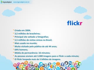 * Criado em 2004;
* 3,5 milhões de brasileiros;
* Principal site voltado a fotografias;
* 5,5 milhões de visitas únicas no Brasil;
* Mais usado no mundo;
* Muito visitado pelo público de até 44 anos;
* 64% homens;
* Média de permanência: 16 minutos;
* As pessoas enviam até 3.000 imagens para o Flickr a cada minuto;
* O Flickr hospeda mais de 5 bilhões de imagens.
 