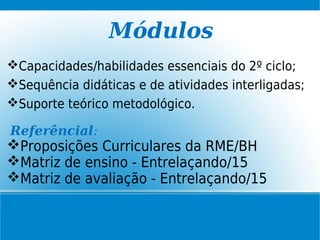 Módulos
Capacidades/habilidades essenciais do 2º ciclo;
Sequência didáticas e de atividades interligadas;
Suporte teórico metodológico.
Referêncial:
Proposições Curriculares da RME/BH
Matriz de ensino - Entrelaçando/15
Matriz de avaliação - Entrelaçando/15
 