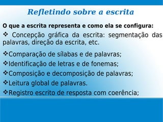 Refletindo sobre a escrita
O que a escrita representa e como ela se configura:
 Concepção gráfica da escrita: segmentação das
palavras, direção da escrita, etc.
Comparação de sílabas e de palavras;
Identificação de letras e de fonemas;
Composição e decomposição de palavras;
Leitura global de palavras.
Registro escrito de resposta com coerência;
 