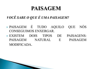 VOCÊ SABE O QUE É UMA PAISAGEM?
 PAISAGEM É TUDO AQUILO QUE NÓS
CONSEGUIMOS ENXERGAR.
 EXISTEM DOIS TIPOS DE PAISAGENS:
PAISAGEM NATURAL E PAISAGEM
MODIFICADA.
 