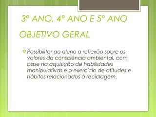 3º ANO, 4º ANO E 5º ANO
OBJETIVO GERAL
 Possibilitar

ao aluno a reflexão sobre os
valores da consciência ambiental, com
base na aquisição de habilidades
manipulativas e o exercício de atitudes e
hábitos relacionados à reciclagem.

 