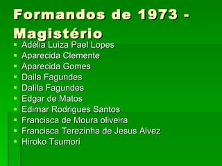 Formandos de 1973 - Magistério Adélia Luiza Pael Lopes Aparecida Clemente Aparecida Gomes Daila Fagundes Dalila Fagundes Edgar de Matos Edimar Rodrigues Santos Francisca de Moura oliveira Francisca Terezinha de Jesus Alvez Hiroko Tsumori 