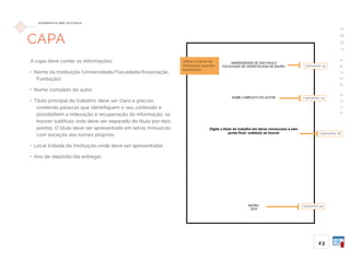 A
B
N
T
1
4
7
2
4
:
2
0
1
1
23
E L E M E N TO S P R É -T E X T UA I S
CAPA
A capa deve conter as informações:
• Nome da Instituição (Universidade/Faculdade/Associação,
Fundação);
• Nome completo do autor;
• Título principal do trabalho: deve ser claro e preciso,
contendo palavras que identifiquem o seu conteúdo e
possibilitem a indexação e recuperação da informação; se
houver subtítulo, este deve ser separado do título por dois
pontos. O título deve ser apresentado em letras minúsicas,
com exceção aos nomes próprios.
• Local (cidade da Instituição onde deve ser apresentada);
• Ano de depósito (da entrega).
tamanho 14
altere o nome da
instituição quando
necessário
tamanho 14
tamanho 16
tamanho 14
 