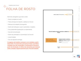A
B
N
T
1
4
7
2
4
:
2
0
1
1
24
E L E M E N TO S P R É -T E X T UA I S
FOLHA DE ROSTO
Elemento obrigatório que deve conter:
• Nome completo do autor;
• Título principal do trabalho: subtítulo se houver;
• Natureza do trabalho (monografia);
• Nome da Instituição a que é submetido o trabalho;
• Grau pretendido (graduação ou especialista);
• Área de concentração;
• Nome do orientador e coorientador (se houver);
• Local (cidade);
• Ano de depósito (entrega).
As páginas do trabalho começam a ser contadas a partir
desta folha. Os elementos pré-textuais terão suas folhas
contadas mas não numeradas. A numeração se iniciará a
partir da introdução. As folhas dos elementos pós-textuais
serão contadas sequencialmente até o final de trabalho.
altere o nome da
instituição, o grau e o
curso quando necessário
tamanho 14
tamanho 14
tamanho 12
tamanho 16
 
