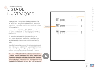 A
B
N
T
1
4
7
2
4
:
2
0
1
1
3 2
E L E M E N TO S P R É -T E X T UA I S
LISTA DE
ILUSTRAÇÕES
Elaborada de acordo com a ordem apresentada
no texto, com cada item designado por seu nome
específico, travessão, título e respectivo número da
folha ou página.
A expressão LISTA DE ILUSTRAÇÕES deve figurar
de forma centralizada no alto da página em letras
maiúsculas.
Ao adicionar mais de um tipo de ilustração na
lista, estes devem ser ordenados e apresentados
separadamente, como observado na imagem ao
lado.
Quando necessário, recomenda-se a elaboração de
lista própria para cada tipo de ilustração (desenhos,
esquemas, fluxogramas, fotografias, grágficos,
mapas, organogramas, plantas, retratos e outras).
Dica: para facilitar a formatação e alinhamento das listas
e sumário, elabore-os dentro de uma tabela composta por
três colunas. Após sua finalização basta ocultar as bordas
da tabela para que a lista ou sumário tenha a apresentação
adequada. Confira o vídeo de como fazer esta formatação.
tamanho 12
tamanho 12
 
