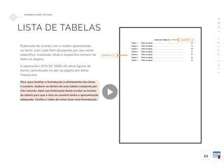 A
B
N
T
1
4
7
2
4
:
2
0
1
1
33
E L E M E N TO S P R É -T E X T UA I S
LISTA DE TABELAS
Elaborada de acordo com a ordem apresentada
no texto, com cada item designado por seu nome
específico, travessão, título e respectivo número da
folha ou página.
A expressão LISTA DE TABELAS deve figurar de
forma centralizada no alto da página em letras
maiúsculas.
Dica: para facilitar a formatação e alinhamento das listas
e sumário, elabore-os dentro de uma tabela composta por
três colunas. Após sua finalização basta ocultar as bordas
da tabela para que a lista ou sumário tenha a apresentação
adequada. Confira o vídeo de como fazer esta formatação.
tamanho 12
tamanho 12
 