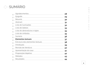 A
B
N
T
1
4
7
2
4
:
2
0
1
1
4
SUMÁRIO
Agradecimentos
Epígrafe
Resumo
Abstract
Lista de ilustrações
Lista de tabelas
Lista de abreviaturas e siglas
Lista de símbolos
Sumário
Elementos textuais
Estrutura dos elementos textuais
Introdução
Revisão de literatura
Apresentação do caso
Proposição/objetivo
Métodos
Resultados
28
29
30
31
32
33
34
35
36
37
38
39
40
41
42
43
44
 