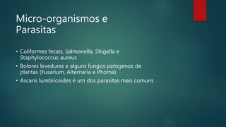 Micro-organismos e
Parasitas
• Coliformes fecais, Salmonella, Shigella e
Staphylococcus aureus
• Bolores leveduras e alguns fungos patógenos de
plantas (Fusarium, Alternaria e Phoma)
• Ascaris lumbricoides é um dos parasitas mais comuns
 