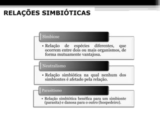 RELAÇÕES SIMBIÓTICAS


        Simbiose

        • Relação de espécies diferentes, que
          ocorrem entre dois ou mais organismos, de
          forma mutuamente vantajosa.

        Neutralismo

        • Relação simbiótica na qual nenhum dos
          simbiontes é afetado pela relação.

        Parasitismo

        • Relação simbiótica benéfica para um simbionte
          (parasita) e danosa para o outro (hospedeiro).
 