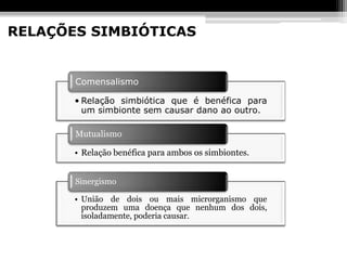RELAÇÕES SIMBIÓTICAS


       Comensalismo

       • Relação simbiótica que é benéfica para
         um simbionte sem causar dano ao outro.

       Mutualismo

       • Relação benéfica para ambos os simbiontes.


       Sinergismo

       • União de dois ou mais microrganismo que
         produzem uma doença que nenhum dos dois,
         isoladamente, poderia causar.
 