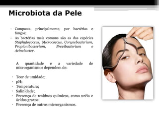 Microbiota da Pele

• Composta, principalmente, por bactérias e
  fungos;
• As bactérias mais comuns são as das espécies
  Staphylococcus, Micrococcus, Corynebacterium,
  Propionibacterium,      Brevibacterium      e
  Acinebacter.


    A    quantidade   e   a   variedade     de
    microrganismos dependem de:

• Teor de umidade;
• pH;
• Temperatura;
• Salinidade;
• Presença de resíduos químicos, como uréia e
  ácidos graxos;
• Presença de outros microrganismos.
 