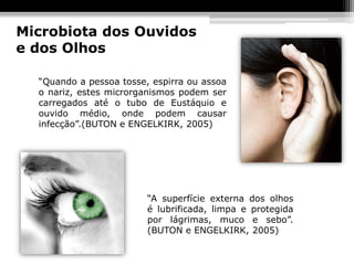 Microbiota dos Ouvidos
e dos Olhos

  “Quando a pessoa tosse, espirra ou assoa
  o nariz, estes microrganismos podem ser
  carregados até o tubo de Eustáquio e
  ouvido médio, onde podem causar
  infecção”.(BUTON e ENGELKIRK, 2005)




                         “A superfície externa dos olhos
                         é lubrificada, limpa e protegida
                         por lágrimas, muco e sebo”.
                         (BUTON e ENGELKIRK, 2005)
 