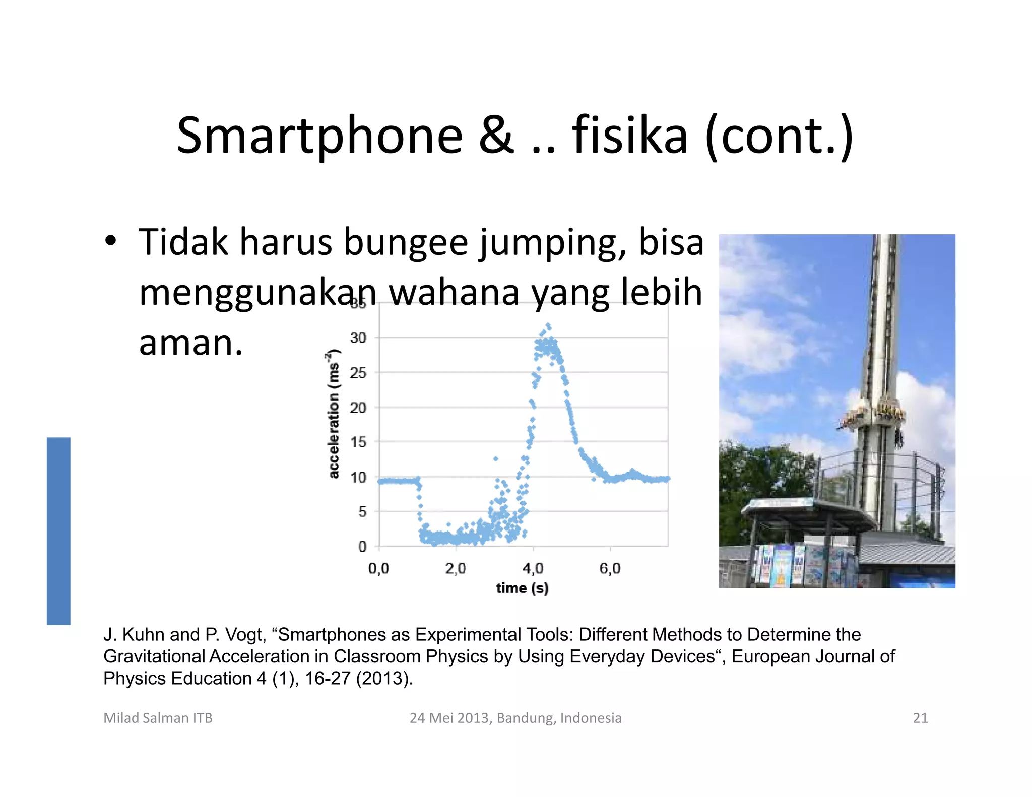 Smartphone & .. fisika (cont.)
• Tidak harus bungee jumping, bisa
menggunakan wahana yang lebih
aman.
Milad Salman ITB 24 Mei 2013, Bandung, Indonesia 21
J. Kuhn and P. Vogt, “Smartphones as Experimental Tools: Different Methods to Determine the
Gravitational Acceleration in Classroom Physics by Using Everyday Devices“, European Journal of
Physics Education 4 (1), 16-27 (2013).
 