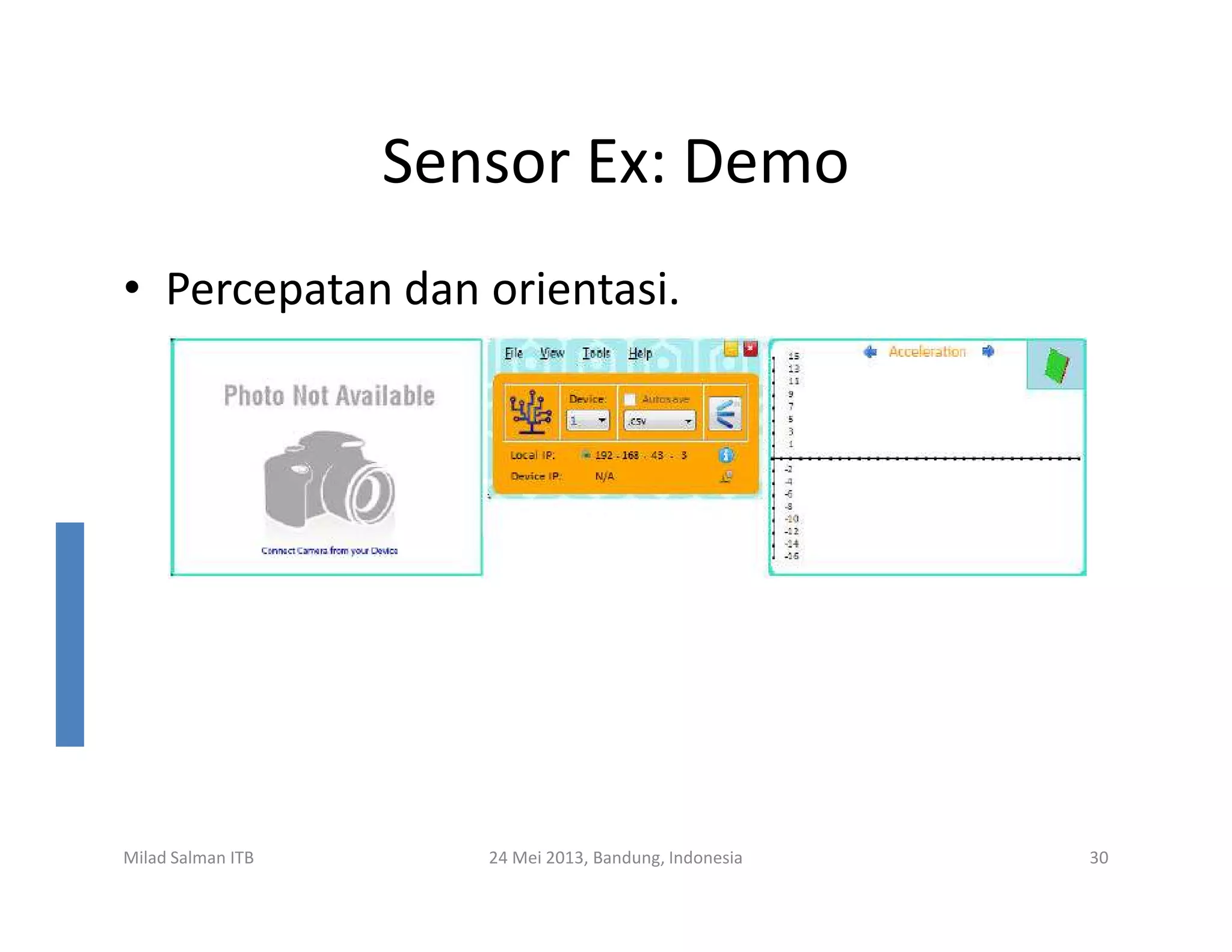 Sensor Ex: Demo
• Percepatan dan orientasi.
Milad Salman ITB 24 Mei 2013, Bandung, Indonesia 30
 