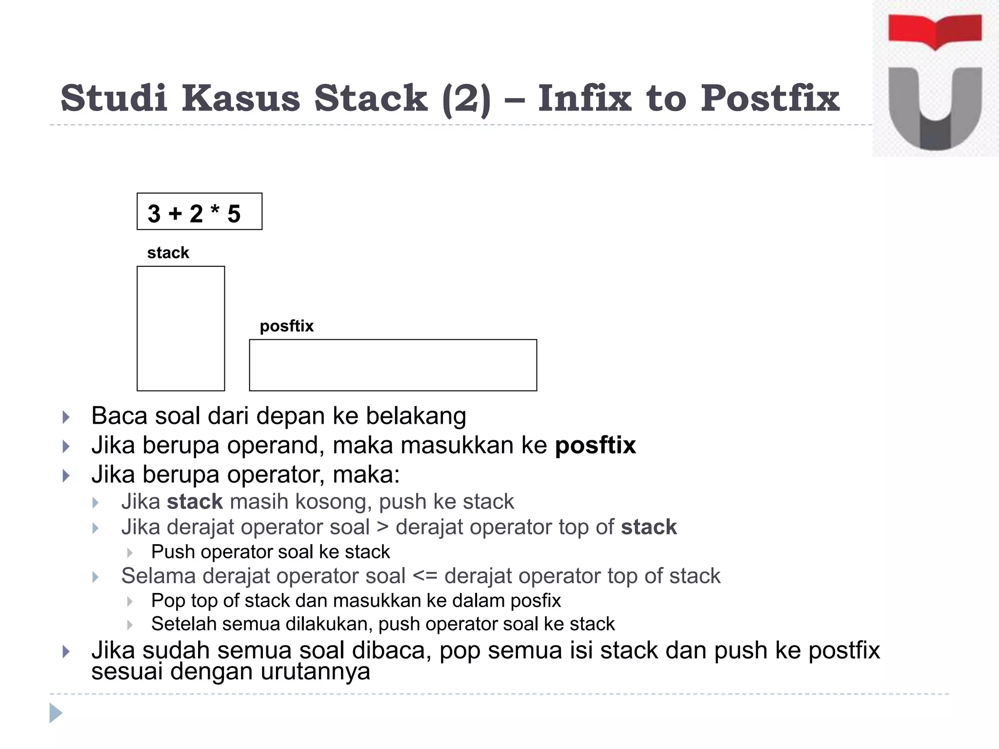 Studi Kasus Stack (2) – Infix to Postfix
 Baca soal dari depan ke belakang
 Jika berupa operand, maka masukkan ke posftix
 Jika berupa operator, maka:
 Jika stack masih kosong, push ke stack
 Jika derajat operator soal > derajat operator top of stack
 Push operator soal ke stack
 Selama derajat operator soal <= derajat operator top of stack
 Pop top of stack dan masukkan ke dalam posfix
 Setelah semua dilakukan, push operator soal ke stack
 Jika sudah semua soal dibaca, pop semua isi stack dan push ke postfix
sesuai dengan urutannya
3 + 2 * 5
stack
posftix
 