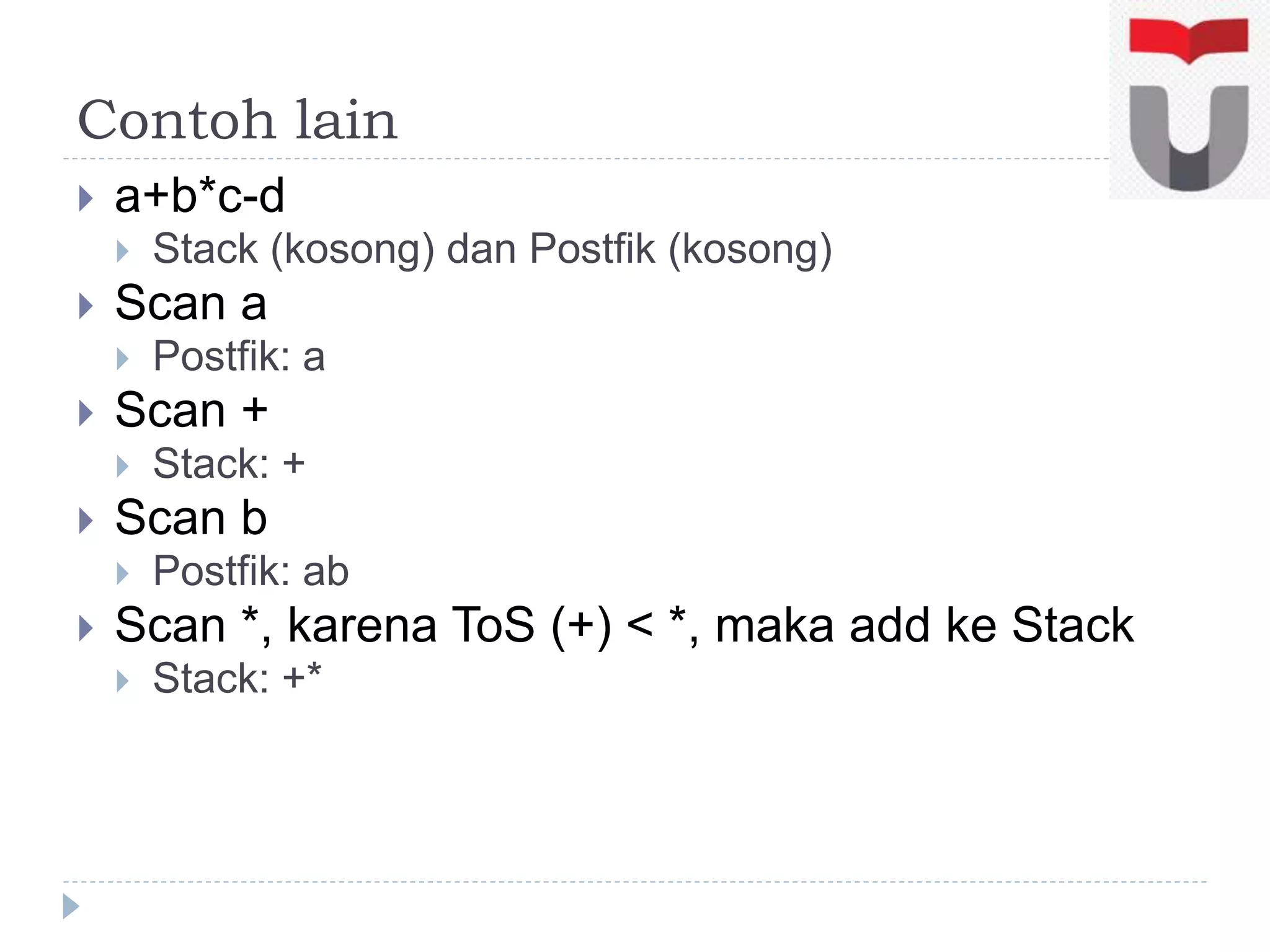 Contoh lain
 a+b*c-d
 Stack (kosong) dan Postfik (kosong)
 Scan a
 Postfik: a
 Scan +
 Stack: +
 Scan b
 Postfik: ab
 Scan *, karena ToS (+) < *, maka add ke Stack
 Stack: +*
 