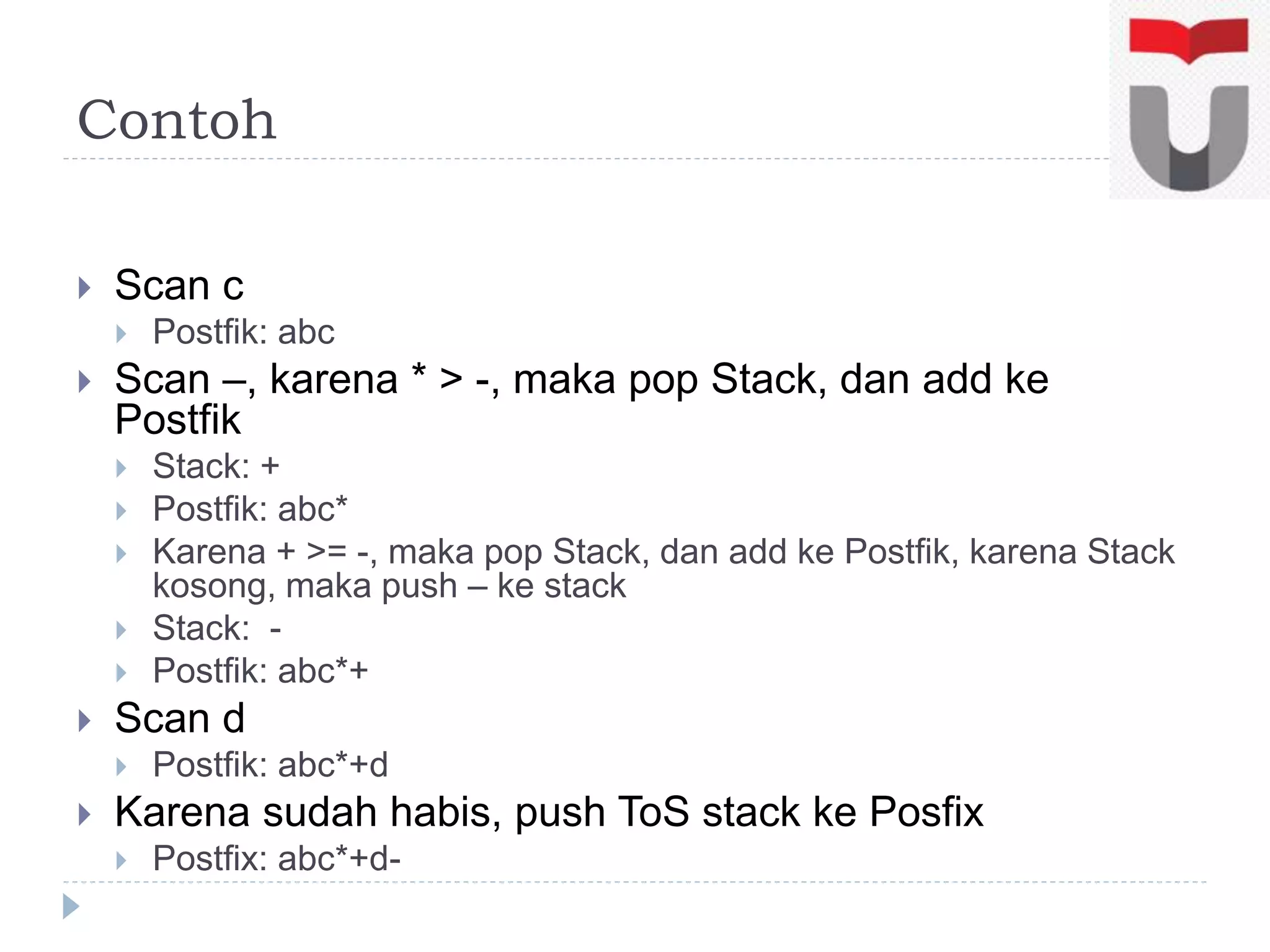 Contoh
 Scan c
 Postfik: abc
 Scan –, karena * > -, maka pop Stack, dan add ke
Postfik
 Stack: +
 Postfik: abc*
 Karena + >= -, maka pop Stack, dan add ke Postfik, karena Stack
kosong, maka push – ke stack
 Stack: -
 Postfik: abc*+
 Scan d
 Postfik: abc*+d
 Karena sudah habis, push ToS stack ke Posfix
 Postfix: abc*+d-
 