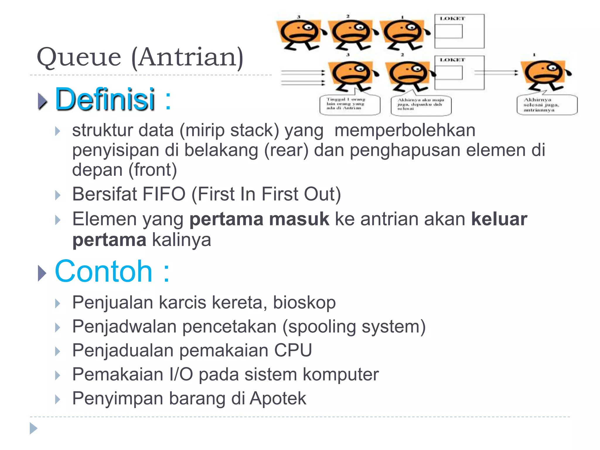 Queue (Antrian)
 Definisi :
 struktur data (mirip stack) yang memperbolehkan
penyisipan di belakang (rear) dan penghapusan elemen di
depan (front)
 Bersifat FIFO (First In First Out)
 Elemen yang pertama masuk ke antrian akan keluar
pertama kalinya
 Contoh :
 Penjualan karcis kereta, bioskop
 Penjadwalan pencetakan (spooling system)
 Penjadualan pemakaian CPU
 Pemakaian I/O pada sistem komputer
 Penyimpan barang di Apotek
 
