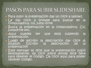 Busca la presentación y dale un clickBusca el código para WordpressEscribe el título del artículo Dale un click a código Escribe el artículo. Luego dale un paste al código Que trajiste de slideslare. Luego da publicar y ya listo.