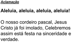 Aclamação
Aleluia, aleluia, aleluia, aleluia!
O nosso cordeiro pascal, Jesus
Cristo já foi imolado, Celebremos
assim está festa na sinceridade e
verdade.
 