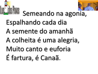 Semeando na agonia,
Espalhando cada dia
A semente do amanhã
A colheita é uma alegria,
Muito canto e euforia
É fartura, é Canaã.
 