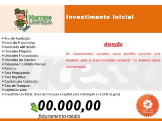 Investimento Inicial


Ano de Fundação:
Início do Franchising:
Associado ABF desde:
                                                                       Atenção
Unidades Próprias:
Unidades Franqueadas:                     Os investimentos descritos nesta planilha somente será
Unidades no Exterior:                     revelado após o preenchimento cadastral no término desta
Faturamento Médio Mensal:
Retorno:                                  apresentação.
Taxa Propaganda:
Taxa Royalties:
Capital para Instalação:
Taxa de Franquia:
Capital de Giro:
Investimento Total: (taxa de franquia + capital para instalação + capital de giro)



                      00.000,00
                       faturamento médio
 