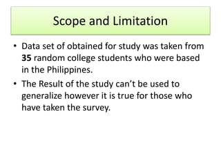 Scope and Limitation
• Data set of obtained for study was taken from
35 random college students who were based
in the Philippines.
• The Result of the study can’t be used to
generalize however it is true for those who
have taken the survey.
 