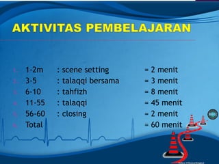 1. 1-2m : scene setting = 2 menit
2. 3-5 : talaqqi bersama = 3 menit
3. 6-10 : tahfizh = 8 menit
4. 11-55 : talaqqi = 45 menit
5. 56-60 : closing = 2 menit
6. Total = 60 menit
 