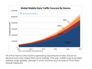All of this means is that mobile is generating vast amounts of data. And as we
become even more mobile that’s set to explode. This year, mobile is set to overtake
desktop usage globally, although in some countires such as India or China that’s
already happened. !
 