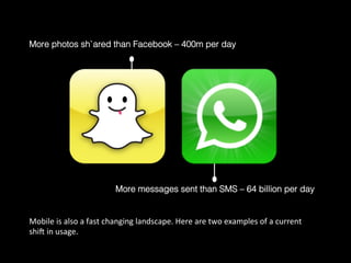 More photos sh`ared than Facebook – 400m per day	
  
More messages sent than SMS – 64 billion per day	
  
Mobile	
  is	
  also	
  a	
  fast	
  changing	
  landscape.	
  Here	
  are	
  two	
  examples	
  of	
  a	
  current	
  
shiE	
  in	
  usage.	
  
 