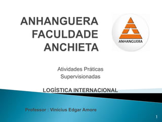 Atividades Práticas
               Supervisionadas

       LOGÍSTICA INTERNACIONAL


Professor : Vinícius Edgar Amore
                                    1
 
