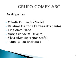 Participantes:

   Cláudia Fernandes Maciel
   Daiátima Francine Ferreira dos Santos
   Lívia Alves Biano
   Márcia de Sousa Oliveira
   Silvia Alves de Freiras Stofel
   Tiago Paixão Rodrigues



                                            2
 
