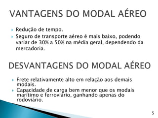    Redução de tempo.
   Seguro de transporte aéreo é mais baixo, podendo
    variar de 30% a 50% na média geral, dependendo da
    mercadoria.




   Frete relativamente alto em relação aos demais
    modais.
   Capacidade de carga bem menor que os modais
    marítimo e ferroviário, ganhando apenas do
    rodoviário.

                                                        5
 