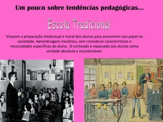 Um pouco sobre tendências pedagógicas... Visavam a preparação intelectual e moral dos alunos para assumirem seu papel na sociedade. Aprendizagem mecânica, sem considerar características e necessidades específicas do aluno.  O conteúdo é repassado aos alunos como verdade absoluta e incontestável. Escola Tradicional 