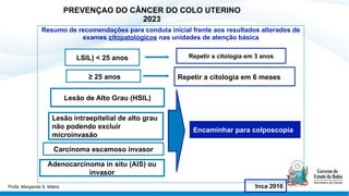 PREVENÇAO DO CÂNCER DO COLO UTERINO
2023
Resumo de recomendações para conduta inicial frente aos resultados alterados de
exames citopatológicos nas unidades de atenção básica
LSIL) < 25 anos
≥ 25 anos
Lesão de Alto Grau (HSIL)
Lesão intraepitelial de alto grau
não podendo excluir
microinvasão
Carcinoma escamoso invasor
Adenocarcinoma in situ (AIS) ou
invasor
Encaminhar para colposcopia
Repetir a citologia em 3 anos
Repetir a citologia em 6 meses
Inca 2016
Profa. Margarida S. Matos
 