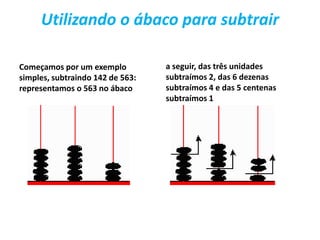 Utilizando o ábaco para subtrair

Começamos por um exemplo          a seguir, das três unidades
simples, subtraindo 142 de 563:   subtraímos 2, das 6 dezenas
representamos o 563 no ábaco      subtraímos 4 e das 5 centenas
                                  subtraímos 1
 