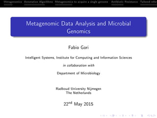 Metagenomics Annotation Algorithms Metagenomics to acquire a single genome Antibiotic Resistance Tailored refere
Metagenomic Data Analysis and Microbial
Genomics
Fabio Gori
Intelligent Systems, Institute for Computing and Information Sciences
in collaboration with
Department of Microbiology
Radboud University Nijmegen
The Netherlands
22
nd May 2015
 