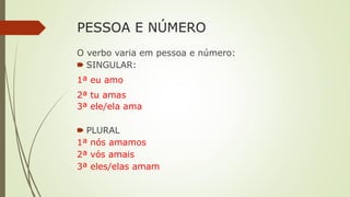 PESSOA E NÚMERO
O verbo varia em pessoa e número:
🠶 SINGULAR:
1ª eu amo
2ª tu amas
3ª ele/ela ama
🠶 PLURAL
1ª nós amamos
2ª vós amais
3ª eles/elas amam
 