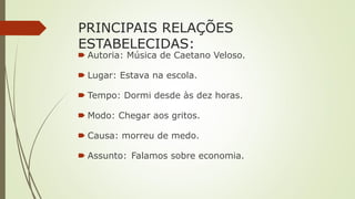 🠶 Autoria: Música de Caetano Veloso.
🠶 Lugar: Estava na escola.
🠶 Tempo: Dormi desde às dez horas.
🠶 Modo: Chegar aos gritos.
🠶 Causa: morreu de medo.
🠶 Assunto: Falamos sobre economia.
PRINCIPAIS RELAÇÕES
ESTABELECIDAS:
 