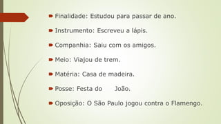 🠶 Finalidade: Estudou para passar de ano.
🠶 Instrumento: Escreveu a lápis.
🠶 Companhia: Saiu com os amigos.
🠶 Meio: Viajou de trem.
🠶 Matéria: Casa de madeira.
🠶 Posse: Festa do João.
🠶 Oposição: O São Paulo jogou contra o Flamengo.
 
