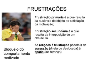 FRUSTRAÇÕES Frustração primária  é a que resulta da ausência do objeto de satisfação da motivação;  Frustração secundária  é a que resulta da interposição de um obstáculo.   As  reações à frustração  podem ir da  agressão  (direta ou deslocada) à  apatia  (indiferença).  Bloqueio do comportamento motivado 