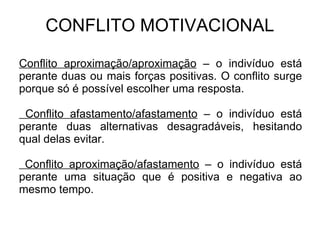 CONFLITO MOTIVACIONAL Conflito aproximação/aproximação  – o indivíduo está perante duas ou mais forças positivas. O conflito surge porque só é possível escolher uma resposta. Conflito afastamento/afastamento  – o indivíduo está perante duas alternativas desagradáveis, hesitando qual delas evitar. Conflito aproximação/afastamento  – o indivíduo está perante uma situação que é positiva e negativa ao mesmo tempo. 