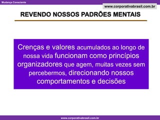 REVENDO NOSSOS PADRÕES MENTAISCrenças e valores acumulados ao longo de nossa vida funcionam como princípios organizadores que agem, muitas vezes sem percebermos, direcionando nossos comportamentos e decisões